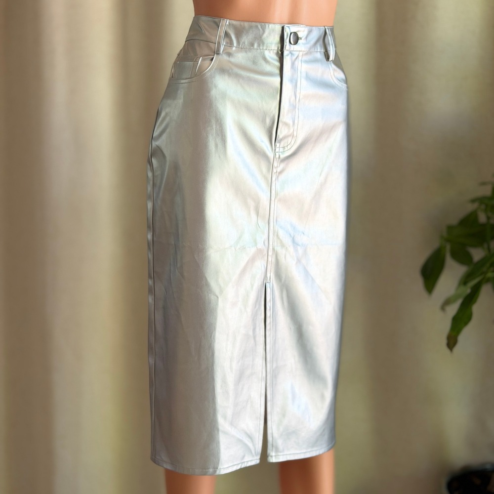 Porridge Free People Silver Metallic Faux Leather Midi Skirt Front Slit Size S